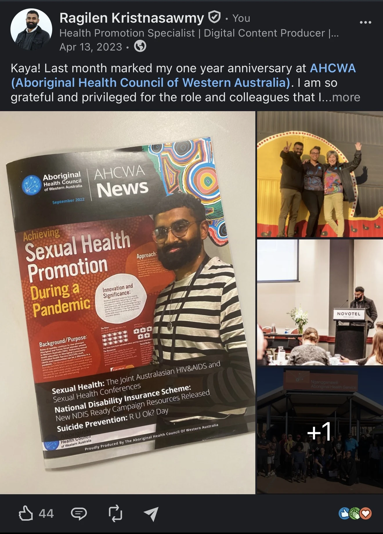 AHCWA newsletter featuring Ragilen’s health-promotion work, alongside photographs of colleagues and a presentation